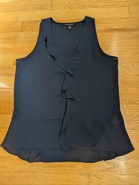 🌻BANANA REPUBLIC🌻 NAVY BLUE SLEEVELESS BLOUSE w/CENTER RUFFLE, SMALL, LIKE NEW